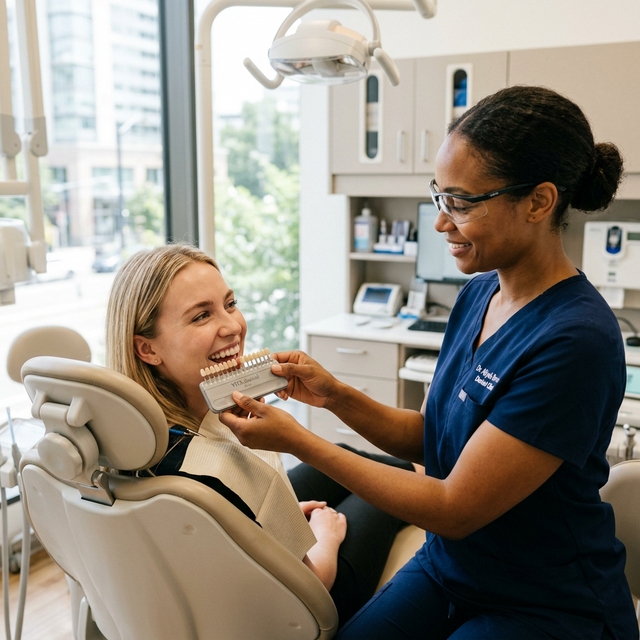 Dentista avaliando cor das facetas