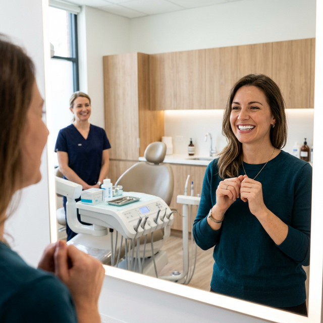 Paciente se admirando no espelho após colocar facetas