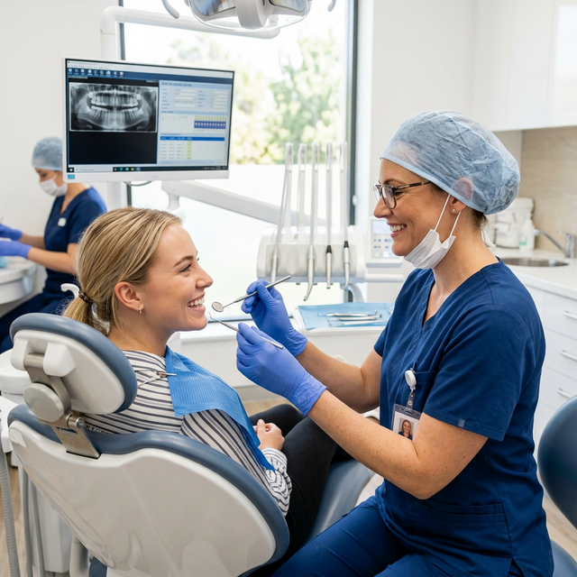Dentista realizando exame de rotina amigável