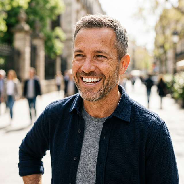 Paciente feliz após implante dentário em Cotia