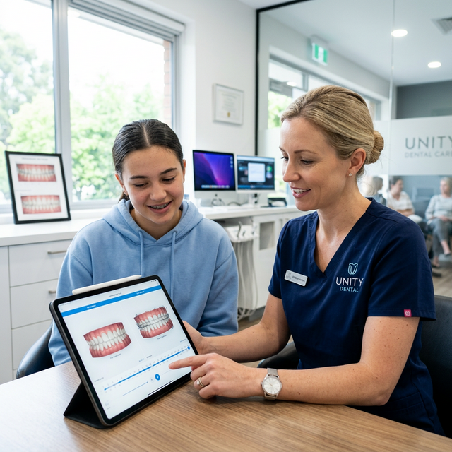 Dentista explicando planejamento 3d de ortodontia com paciente